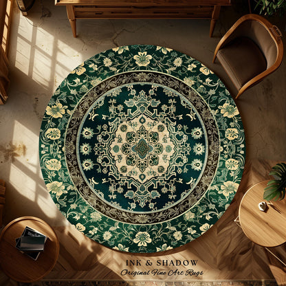 Victorian Gothic Bedroom Round Rug | Reading Nook Cozy Floor Rug Ornate Statement with Blue Green Detail Cottagecore Dark Academia Aesthetic