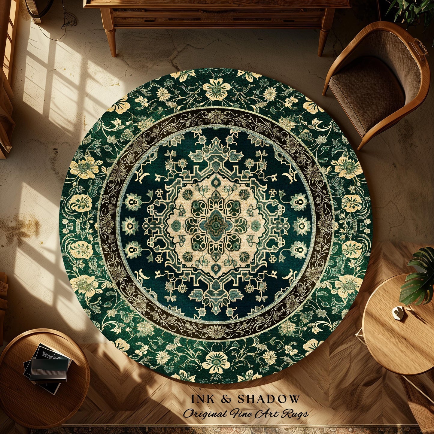 Victorian Gothic Bedroom Round Rug | Reading Nook Cozy Floor Rug Ornate Statement with Blue Green Detail Cottagecore Dark Academia Aesthetic
