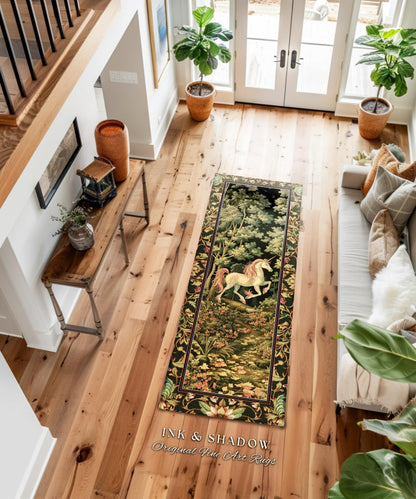 Medieval Unicorn Round Area Rug | Dark Woodland Aesthetic Enchanted Forest Decor Whimsical Cottagecore Mystic Fairytale Forestcore Accent |