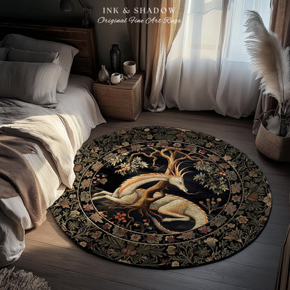 Forest Spirit Round Area Rug | Dark Cottagecore Gothic Book Nook Decor Fairy Core Bedroom Magical Dragon Aesthetic Maximalist Game Room Rug