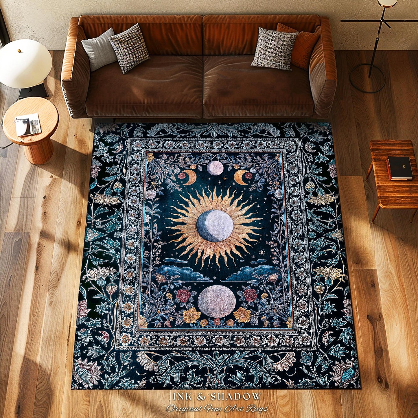 Whimsigothic Eclectic Moon Rug | Celestial Boho Mystic Tarot Astrology Style Bedroom Decor Witchy Moody Maximalist Floral Starry Night Art