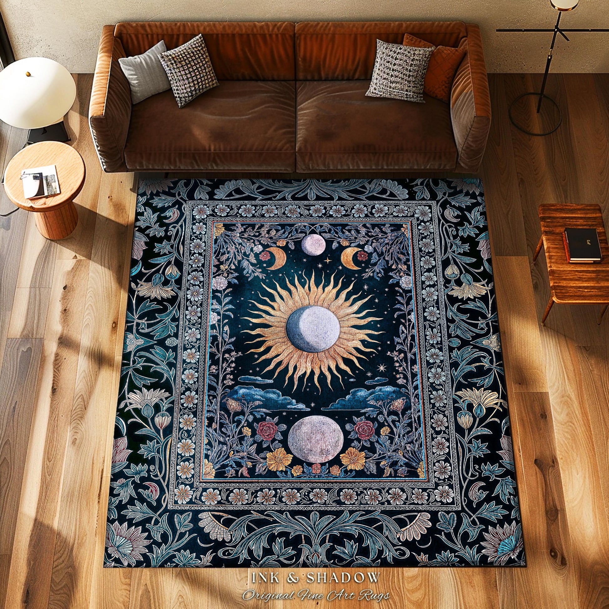 Whimsigothic Eclectic Moon Rug | Celestial Boho Mystic Tarot Astrology Style Bedroom Decor Witchy Moody Maximalist Floral Starry Night Art