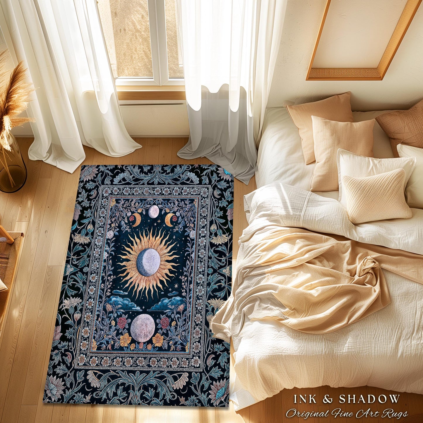 Whimsigothic Eclectic Moon Rug | Celestial Boho Mystic Tarot Astrology Style Bedroom Decor Witchy Moody Maximalist Floral Starry Night Art