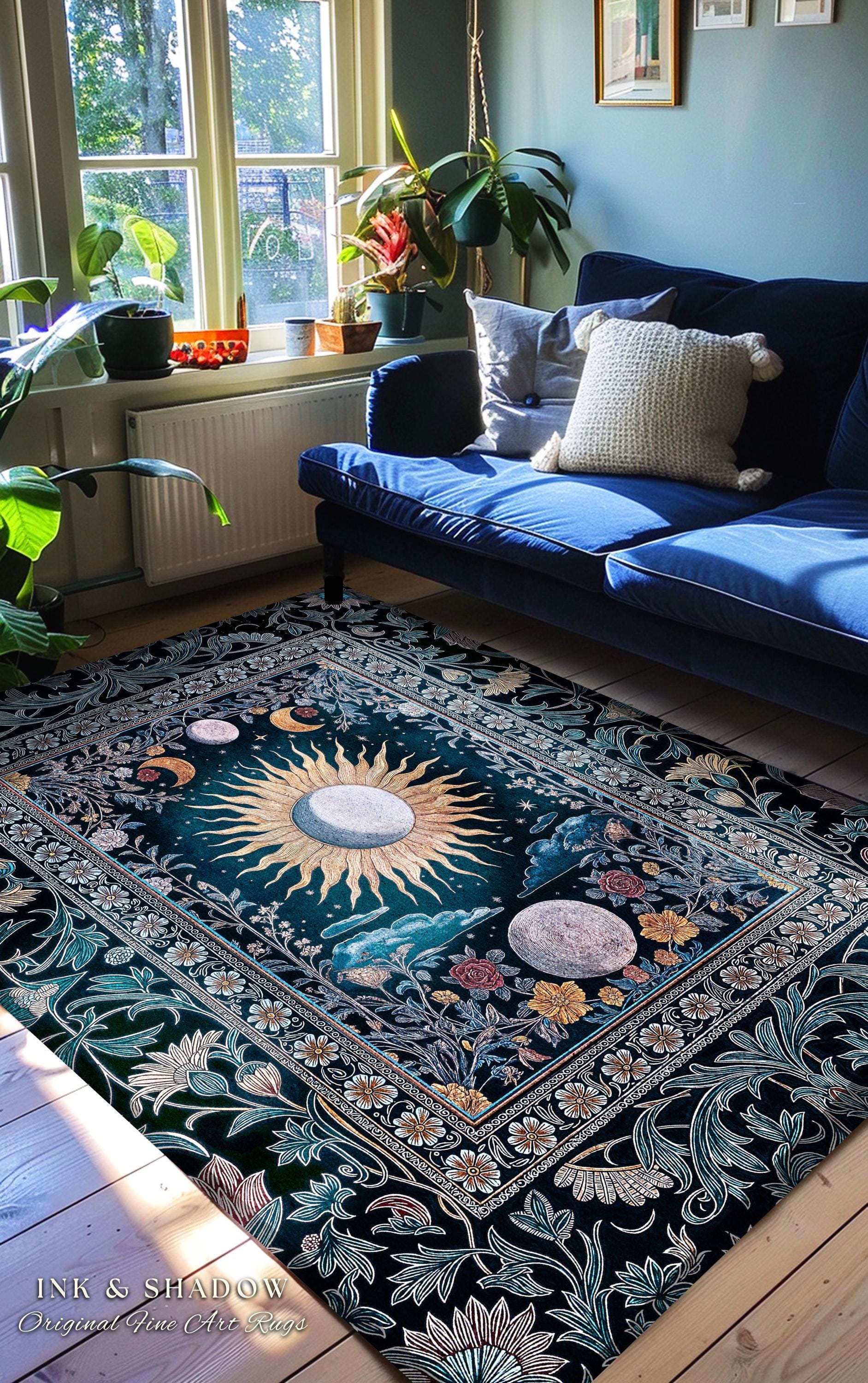 Whimsigothic Eclectic Moon Rug | Celestial Boho Mystic Tarot Astrology Style Bedroom Decor Witchy Moody Maximalist Floral Starry Night Art