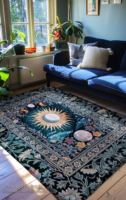 Whimsigothic Eclectic Moon Rug | Celestial Boho Mystic Tarot Astrology Style Bedroom Decor Witchy Moody Maximalist Floral Starry Night Art