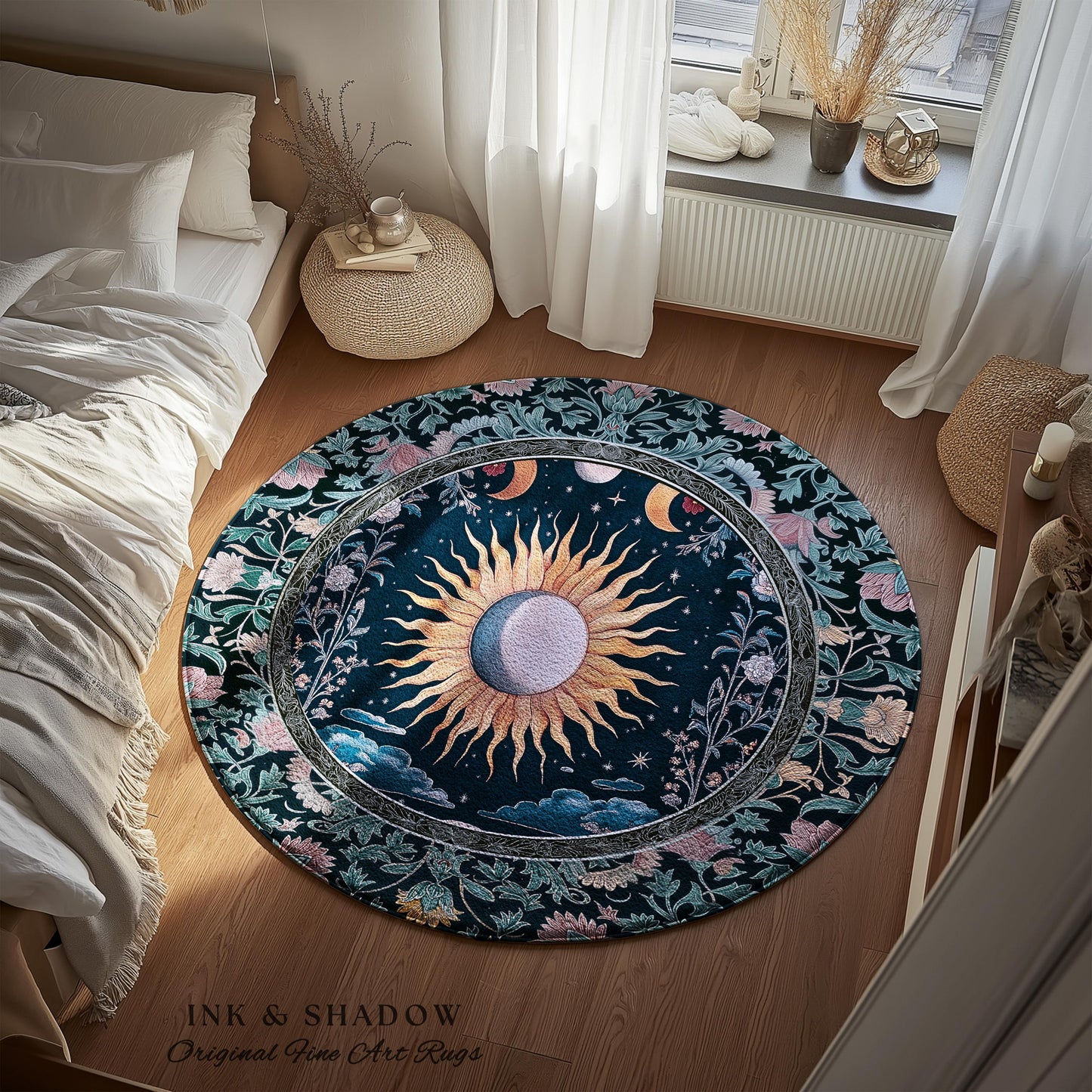Whimsigothic Eclectic Moon Rug | Celestial Boho Mystic Tarot-Inspired Astrology Bedroom Decor Witchy Maximalist Floral Aesthetic Moody Style