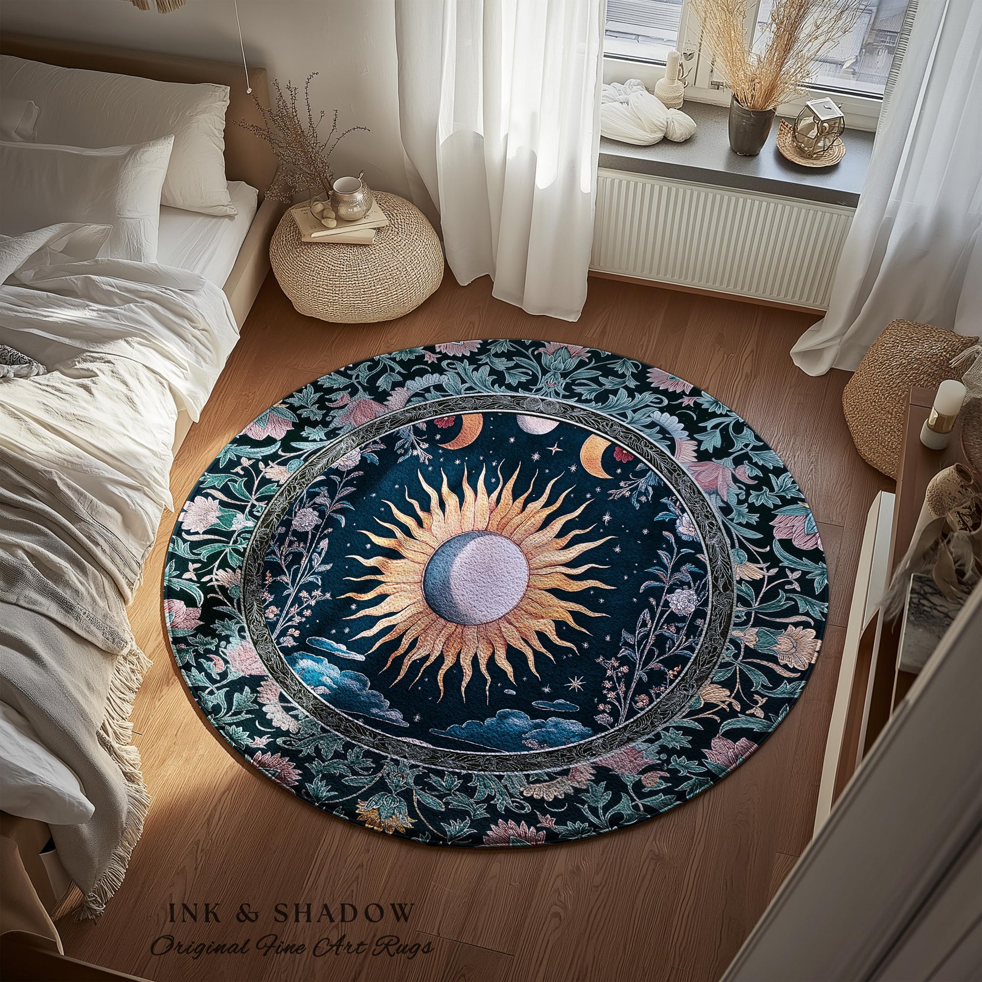 Whimsigothic Eclectic Moon Rug | Celestial Boho Mystic Tarot-Inspired Astrology Bedroom Decor Witchy Maximalist Floral Aesthetic Moody Style