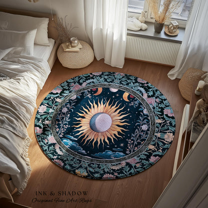 Whimsigothic Eclectic Moon Rug | Celestial Boho Mystic Tarot-Inspired Astrology Bedroom Decor Witchy Maximalist Floral Aesthetic Moody Style
