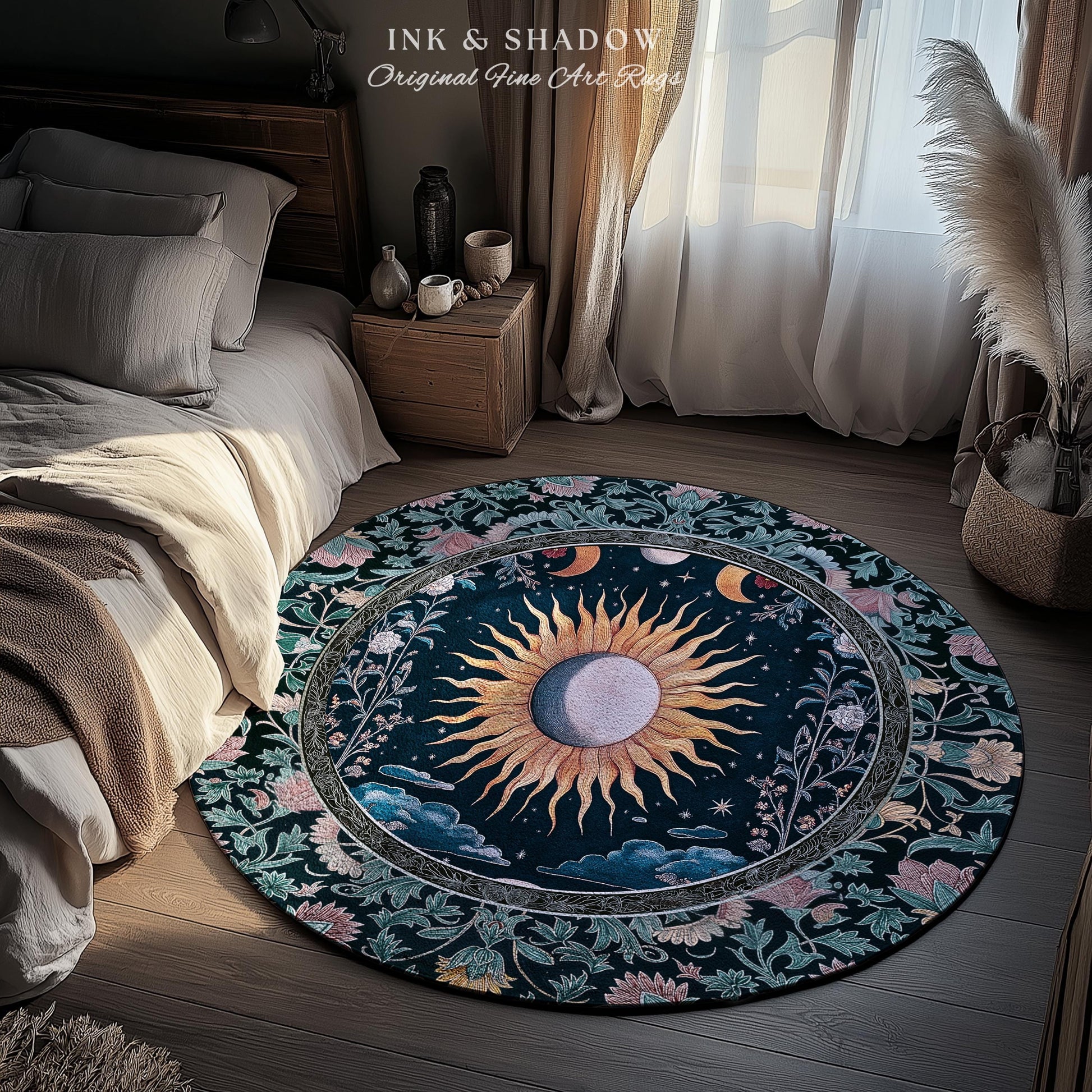 Whimsigothic Eclectic Moon Rug | Celestial Boho Mystic Tarot-Inspired Astrology Bedroom Decor Witchy Maximalist Floral Aesthetic Moody Style