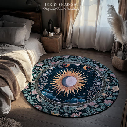 Whimsigothic Eclectic Moon Rug | Celestial Boho Mystic Tarot Astrology Style Bedroom Decor Witchy Moody Maximalist Floral Starry Night Art