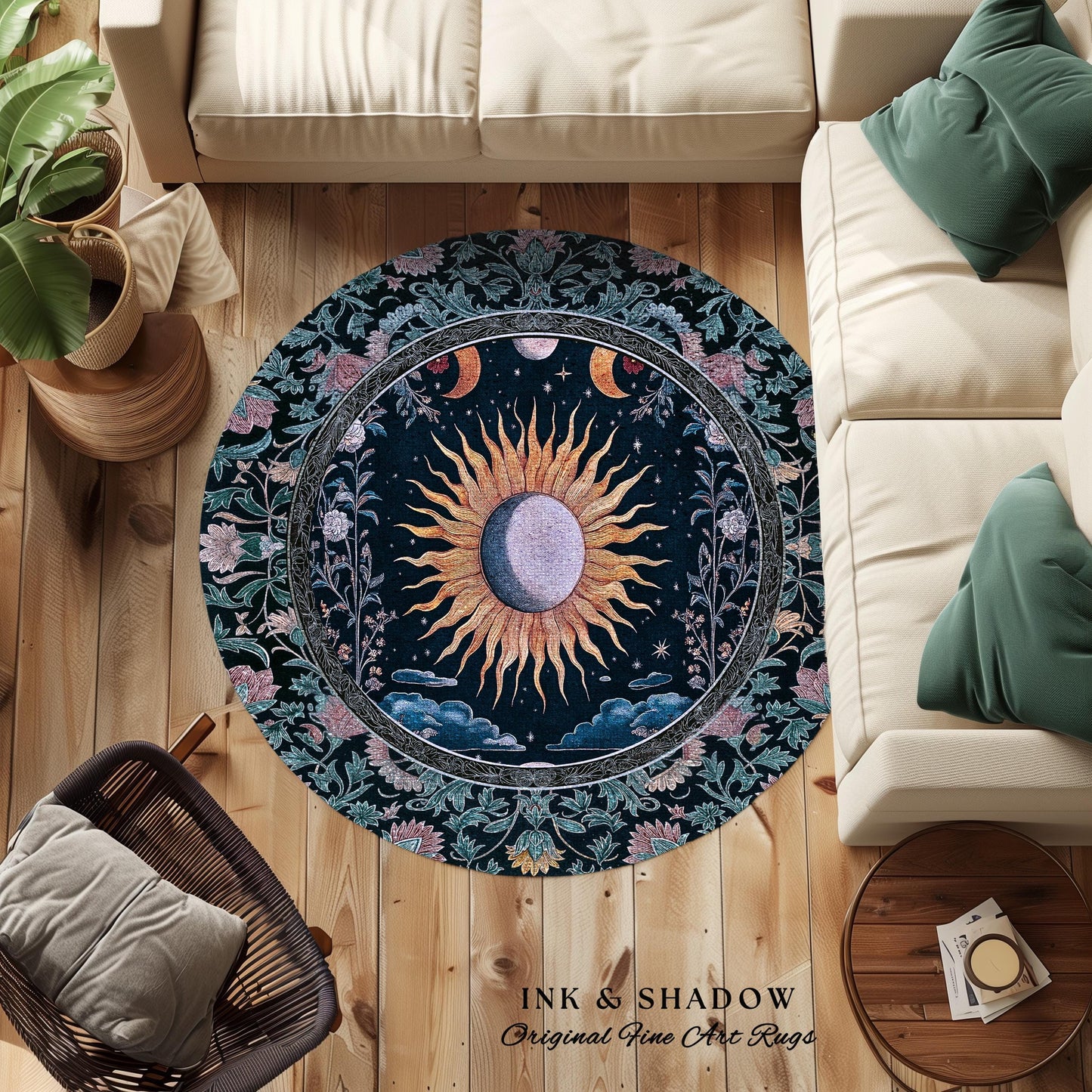 Whimsigothic Eclectic Moon Rug | Celestial Boho Mystic Tarot-Inspired Astrology Bedroom Decor Witchy Maximalist Floral Aesthetic Moody Style