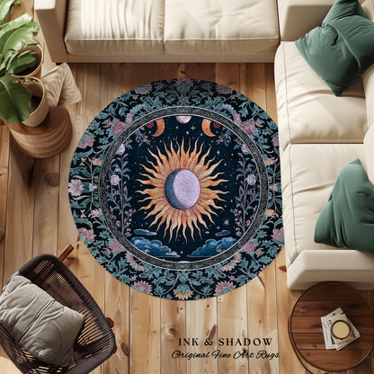 Whimsigothic Eclectic Moon Rug | Celestial Boho Mystic Tarot-Inspired Astrology Bedroom Decor Witchy Maximalist Floral Aesthetic Moody Style
