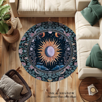 Whimsigothic Eclectic Moon Rug | Celestial Boho Mystic Tarot Astrology Style Bedroom Decor Witchy Moody Maximalist Floral Starry Night Art