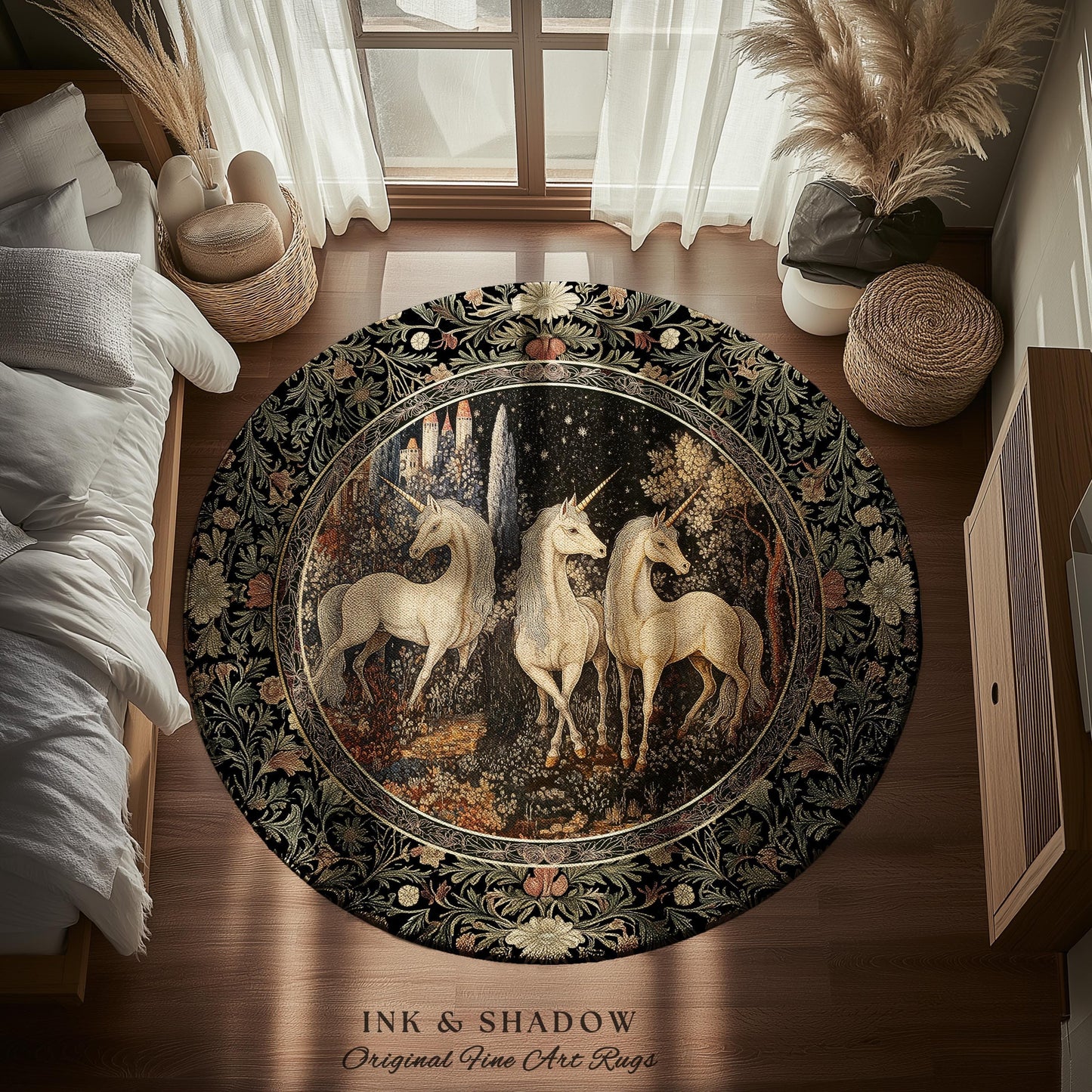 Medieval Ethereal Unicorn Area Rug | Goblincore Aesthetic Accent Rug Ornate Vintage Gothic Baroque Florals Magical Wonders Bedroom Carpet |
