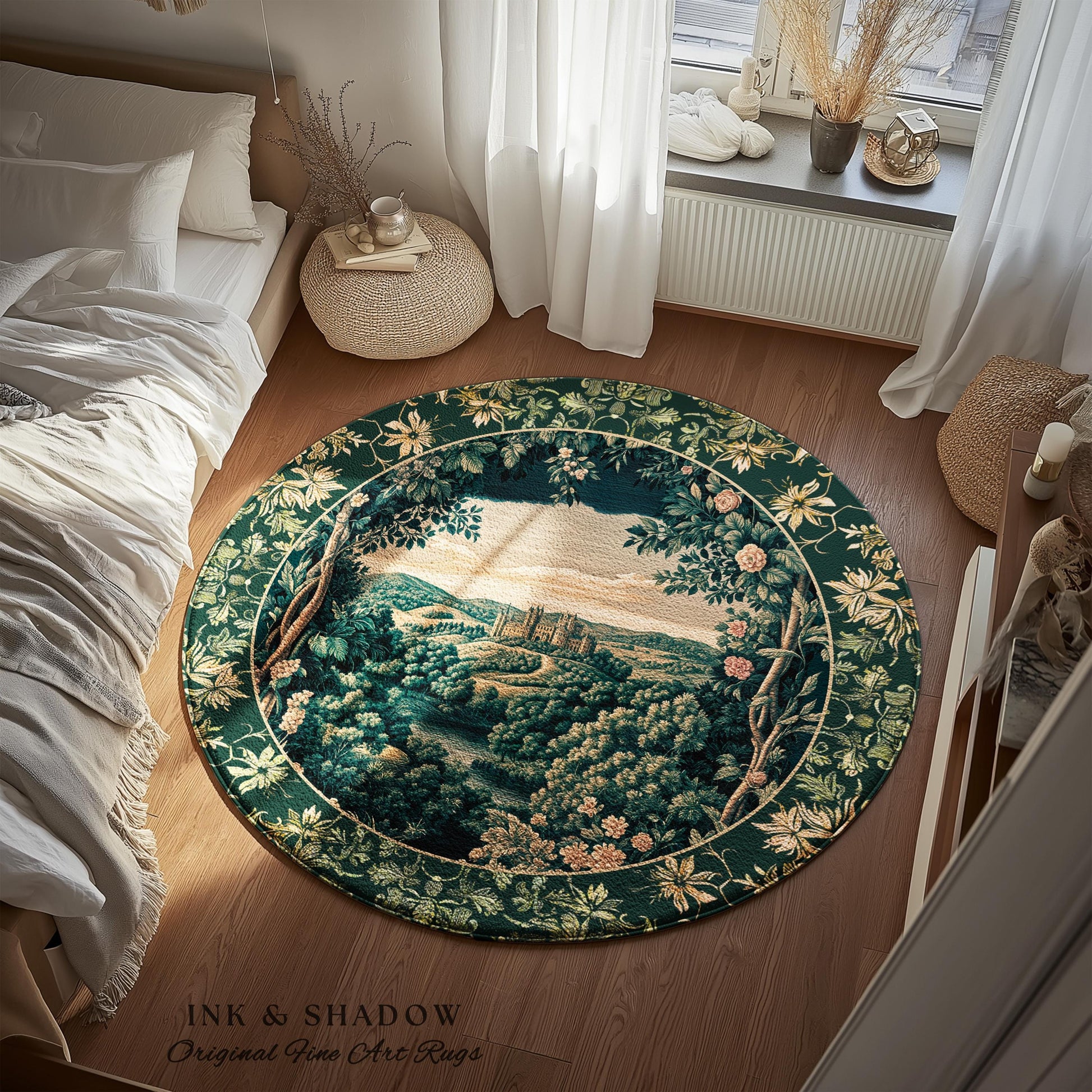 Rosy Forestcore Floral Area Rug | Woodland Castle Dreamy Ethereal Bedroom Aesthetic Princess Accent Rug Woodland Medieval Whimsical Elegance