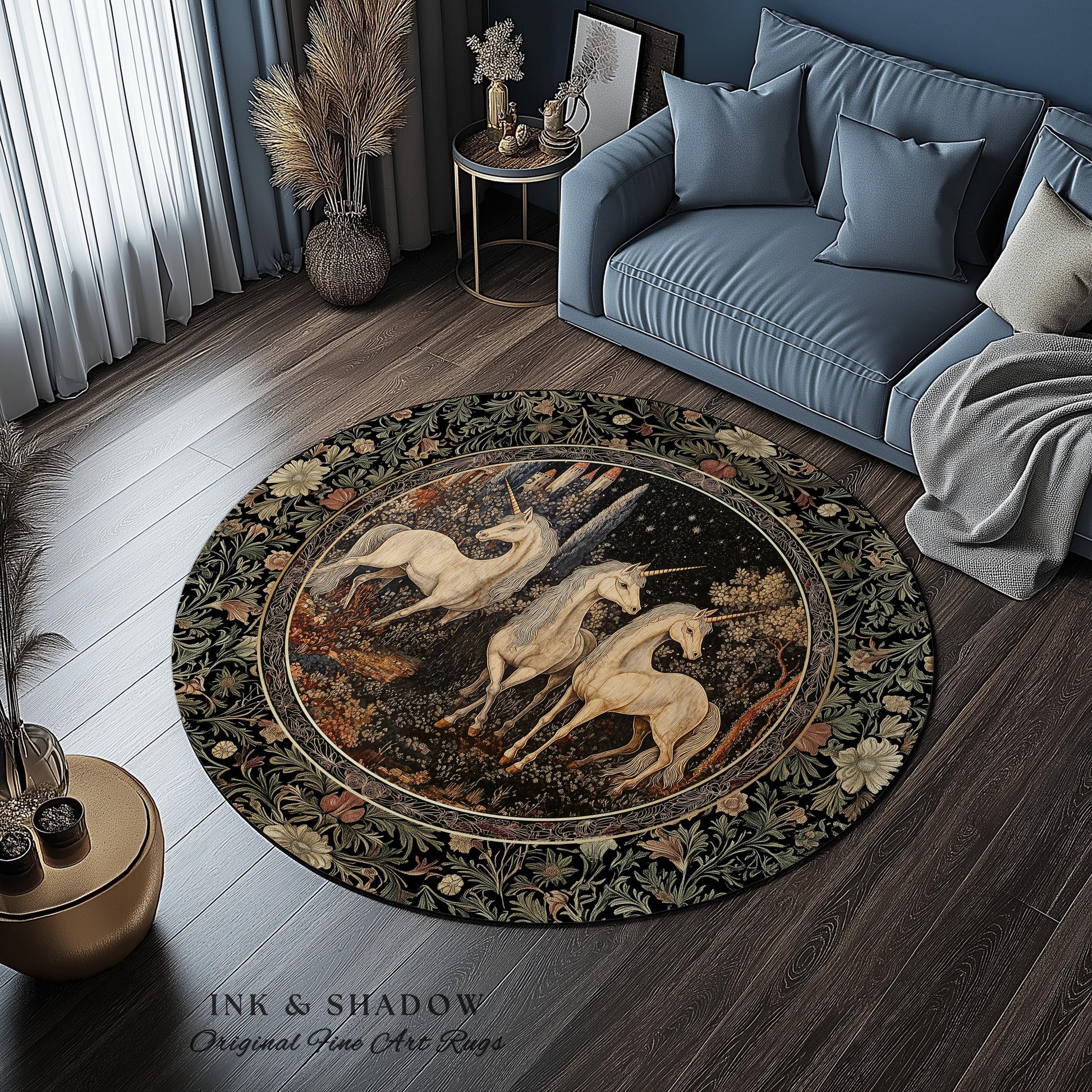 Medieval Ethereal Unicorn Area Rug | Goblincore Aesthetic Accent Rug Ornate Vintage Gothic Baroque Florals Magical Wonders Bedroom Carpet |