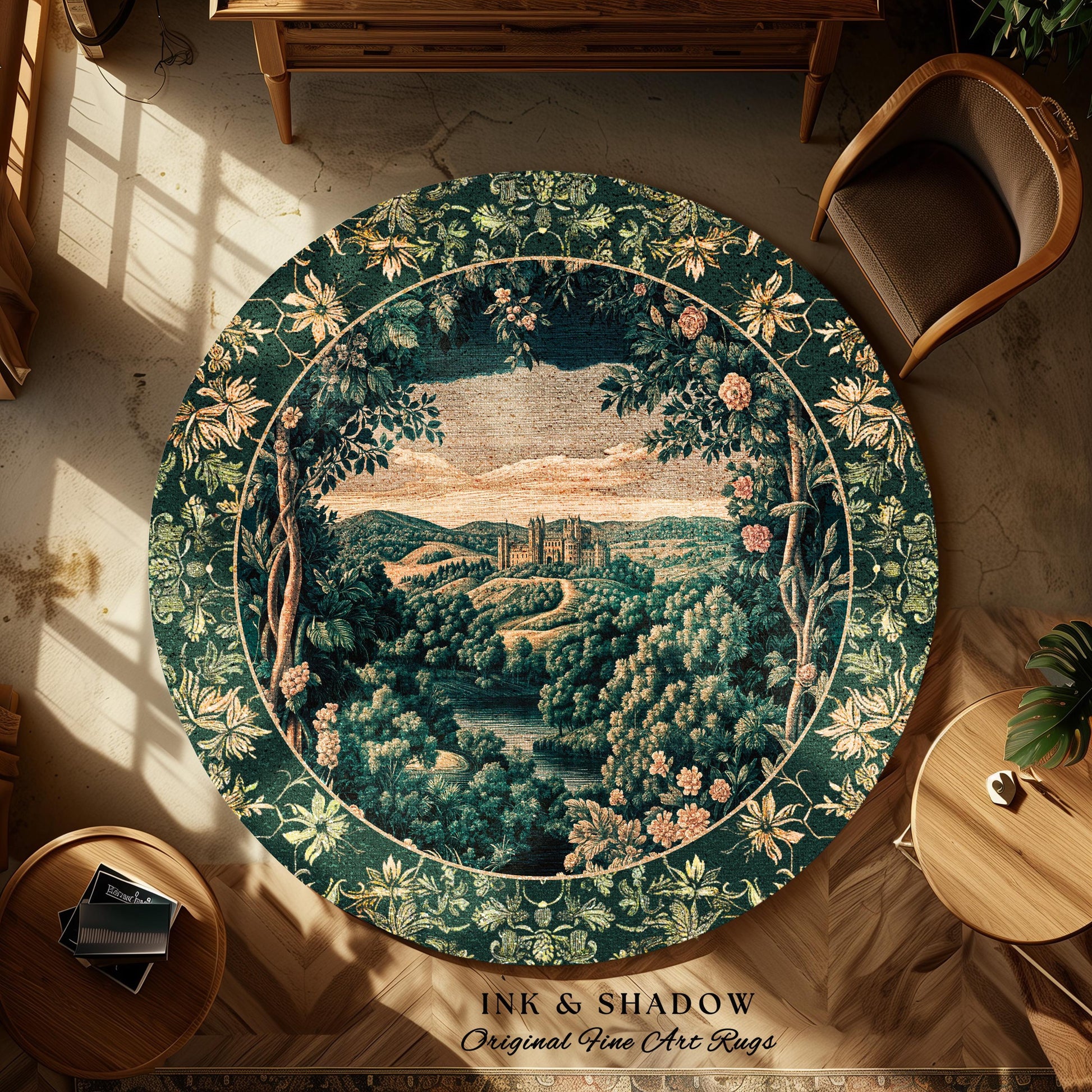 Rosy Forestcore Floral Area Rug | Woodland Castle Dreamy Ethereal Bedroom Aesthetic Princess Accent Rug Woodland Medieval Whimsical Elegance