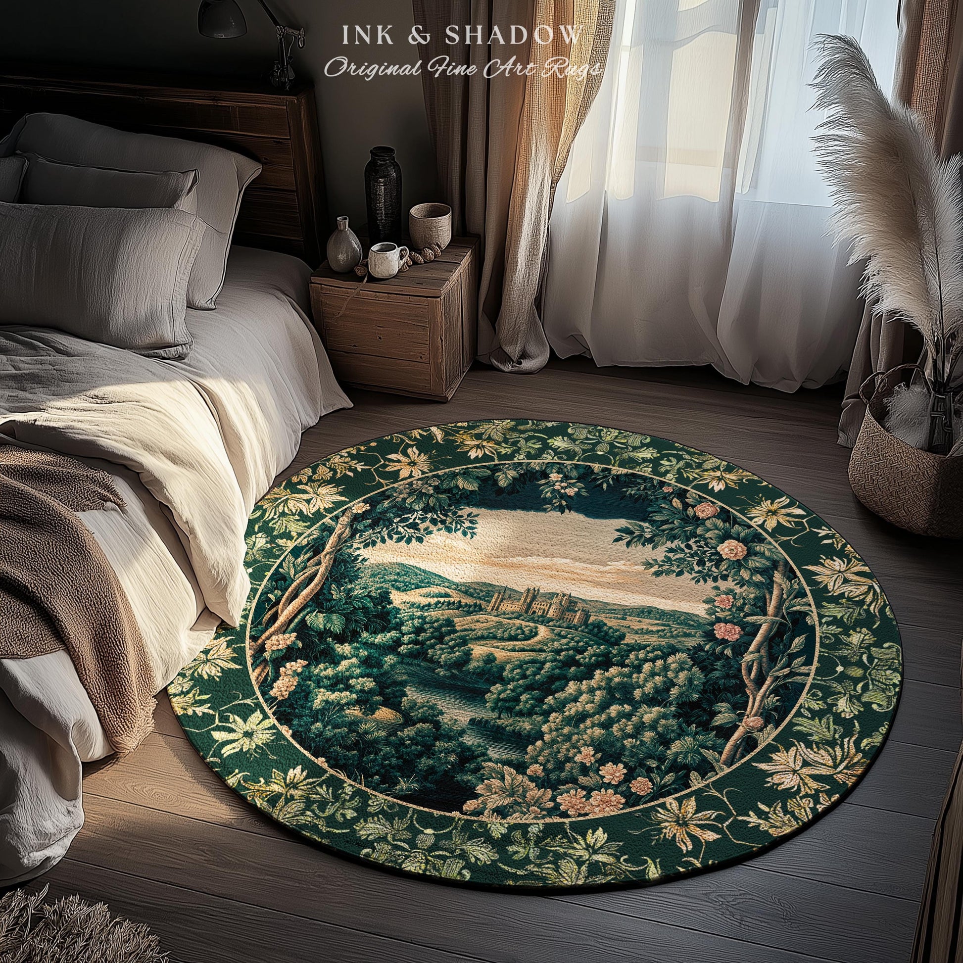Rosy Forestcore Floral Area Rug | Woodland Castle Dreamy Ethereal Bedroom Aesthetic Princess Accent Rug Woodland Medieval Whimsical Elegance