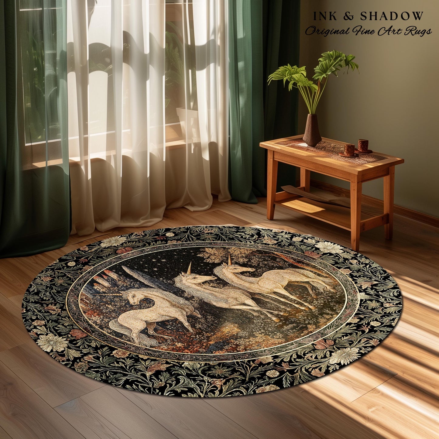 Medieval Ethereal Unicorn Area Rug | Goblincore Aesthetic Accent Rug Ornate Vintage Gothic Baroque Florals Magical Wonders Bedroom Carpet |