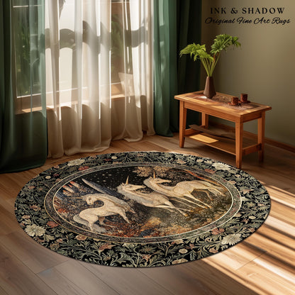 Medieval Ethereal Unicorn Area Rug | Goblincore Aesthetic Accent Rug Ornate Vintage Gothic Baroque Florals Magical Wonders Bedroom Carpet |