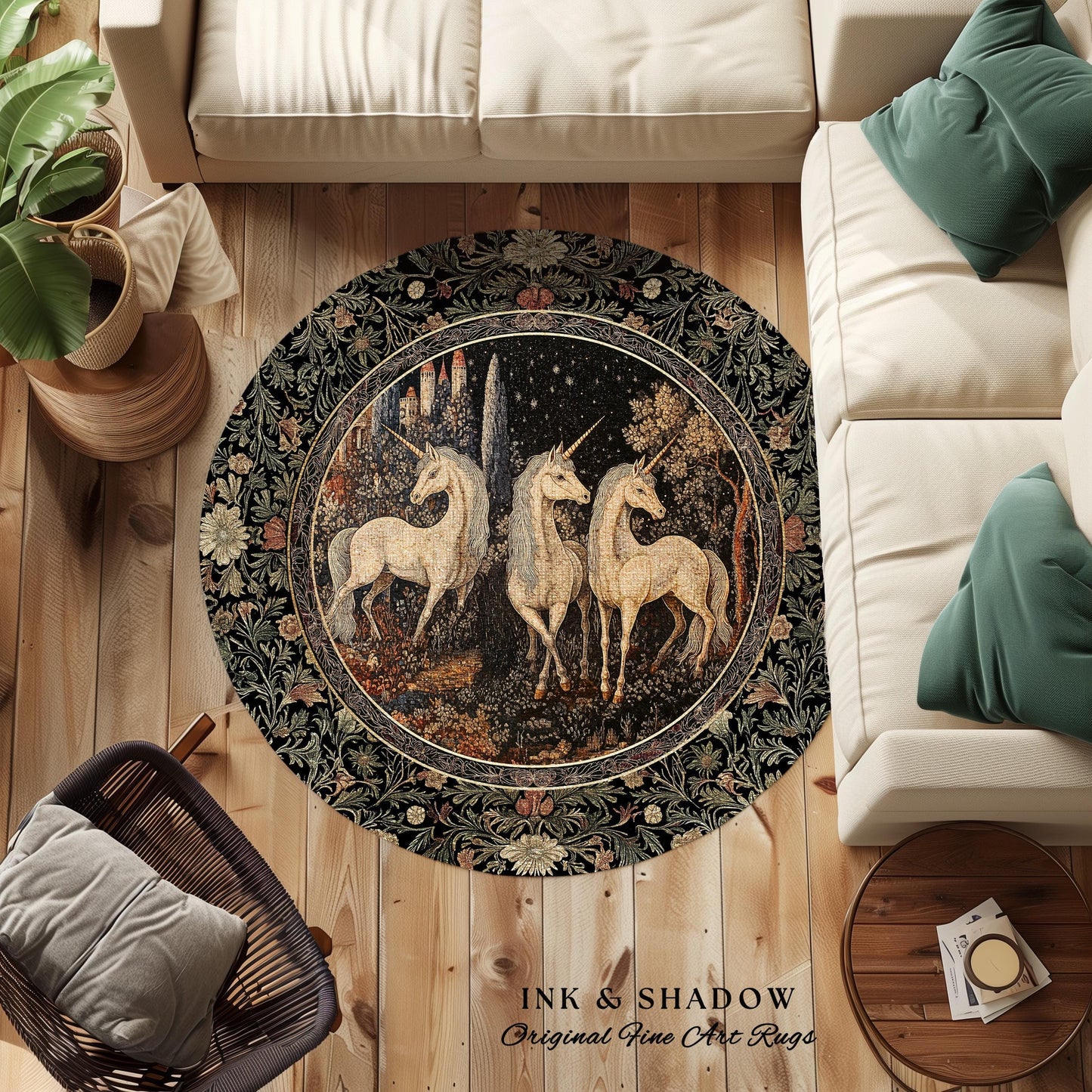 Medieval Ethereal Unicorn Area Rug | Goblincore Aesthetic Accent Rug Ornate Vintage Gothic Baroque Florals Magical Wonders Bedroom Carpet |