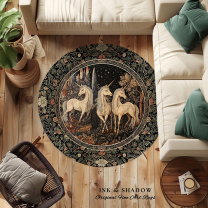 Medieval Ethereal Unicorn Area Rug | Goblincore Aesthetic Accent Rug Ornate Vintage Gothic Baroque Florals Magical Wonders Bedroom Carpet |