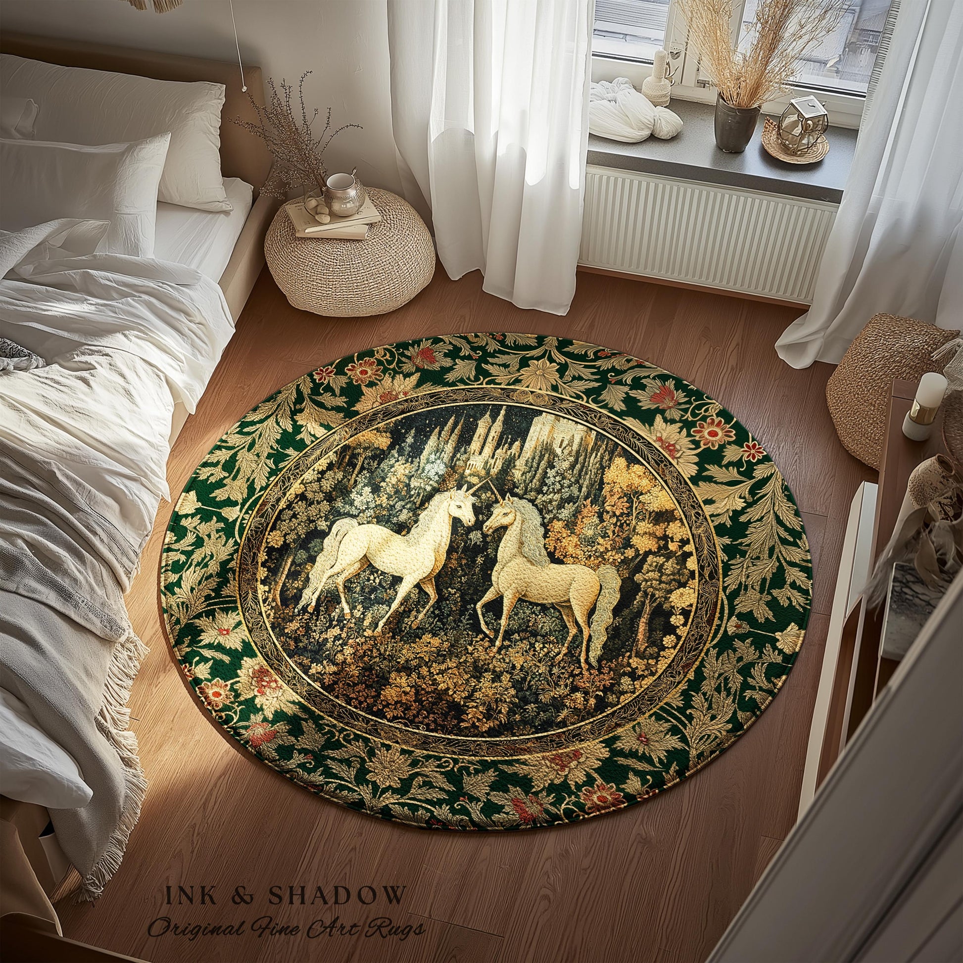 Royal Aesthetic Woven Unicorn Rug | Fairycore Rustic Area Rug Home Accent Gothic Whimsical Florals Storybook Bedroom Whimsical Ornate Gothic