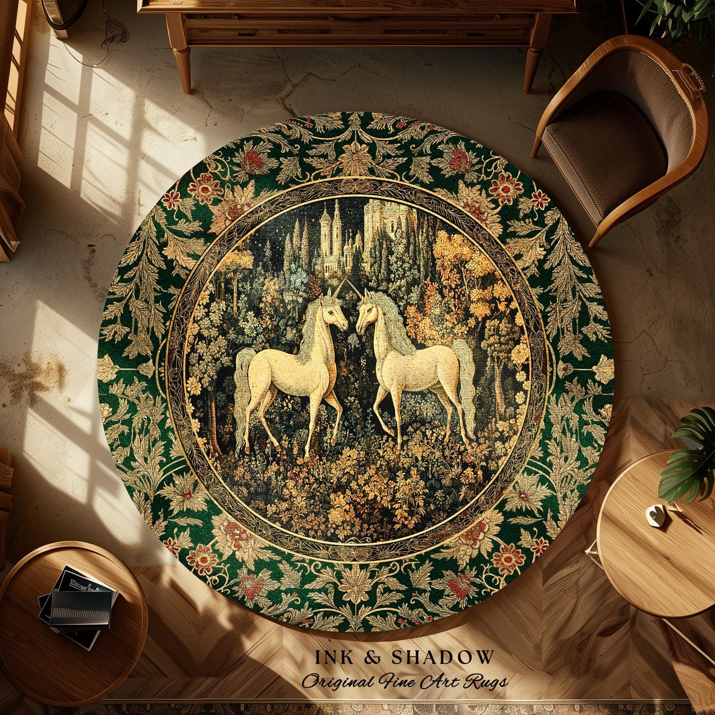 Royal Aesthetic Woven Unicorn Rug | Fairycore Rustic Area Rug Home Accent Gothic Whimsical Florals Storybook Bedroom Whimsical Ornate Gothic