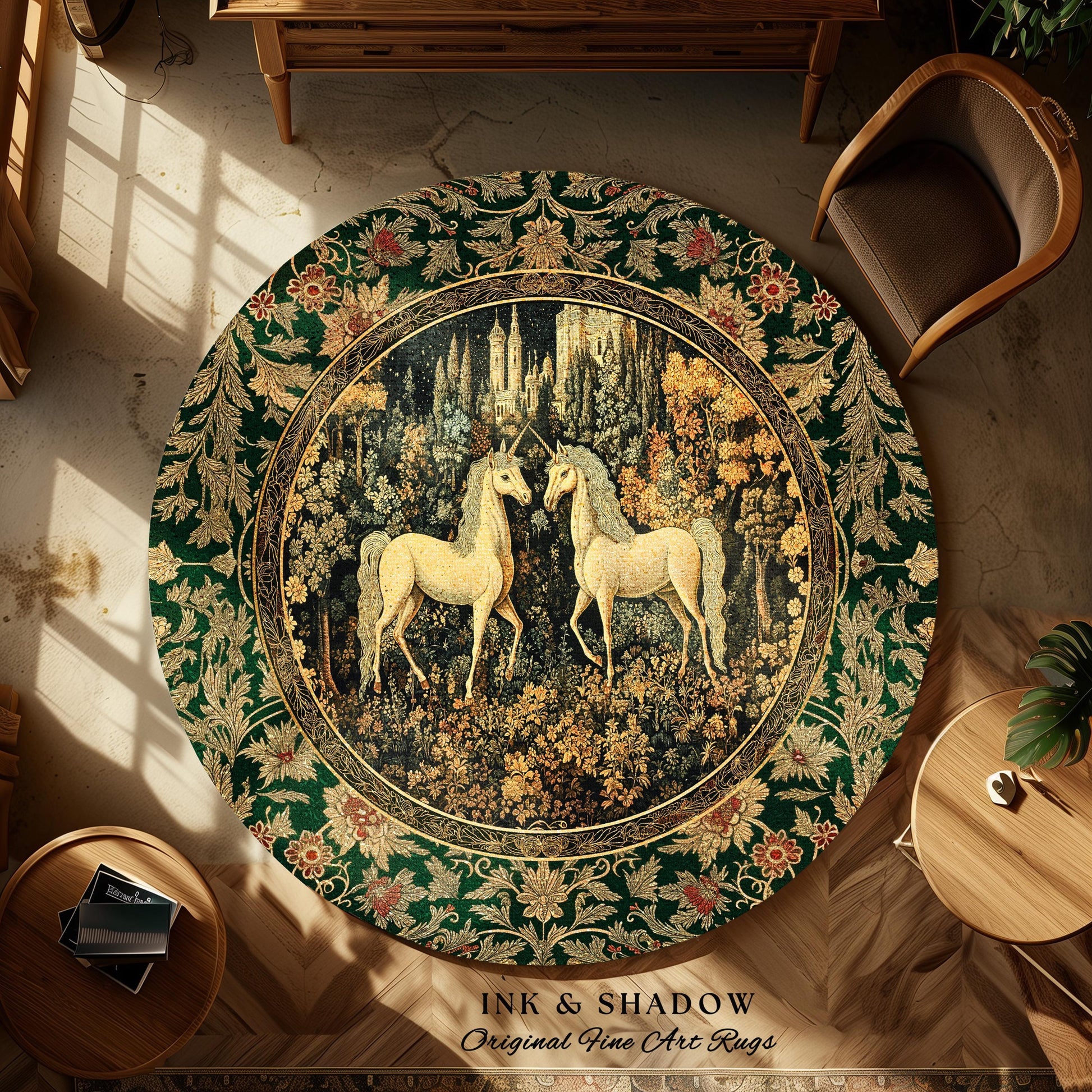 Royal Aesthetic Woven Unicorn Rug | Fairycore Rustic Area Rug Home Accent Gothic Whimsical Florals Storybook Bedroom Whimsical Ornate Gothic