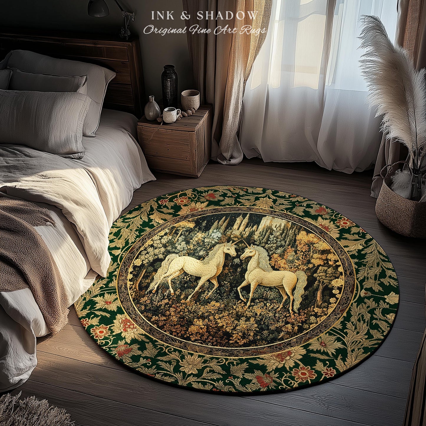 Royal Aesthetic Woven Unicorn Rug | Fairycore Rustic Area Rug Home Accent Gothic Whimsical Florals Storybook Bedroom Whimsical Ornate Gothic