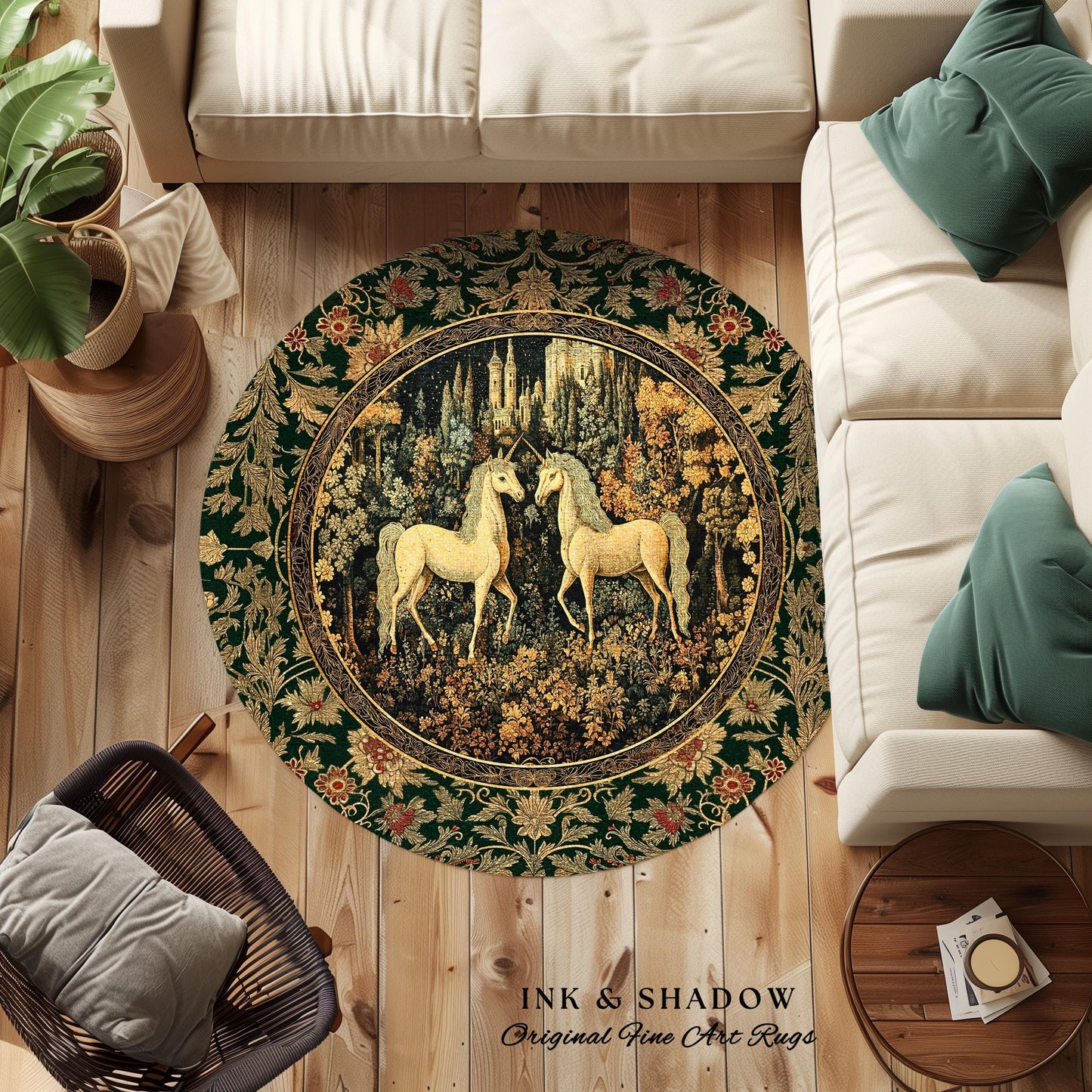 Royal Aesthetic Woven Unicorn Rug | Fairycore Rustic Area Rug Home Accent Gothic Whimsical Florals Storybook Bedroom Whimsical Ornate Gothic