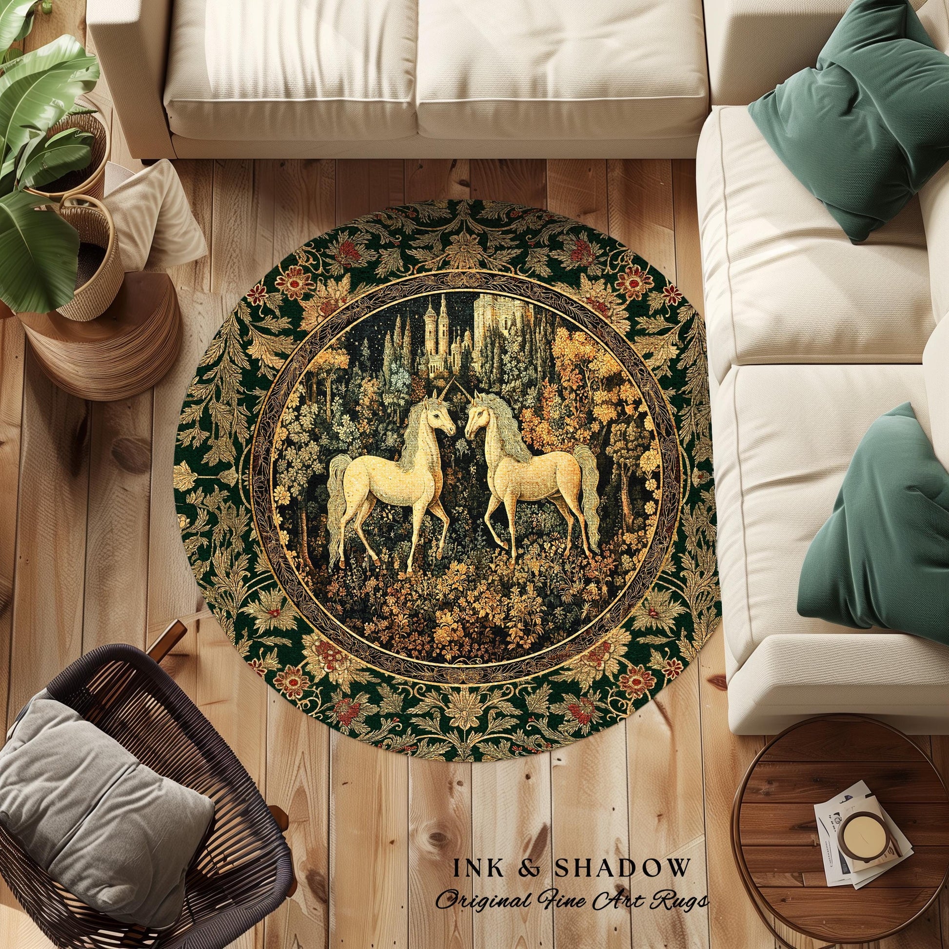 Royal Aesthetic Woven Unicorn Rug | Fairycore Rustic Area Rug Home Accent Gothic Whimsical Florals Storybook Bedroom Whimsical Ornate Gothic