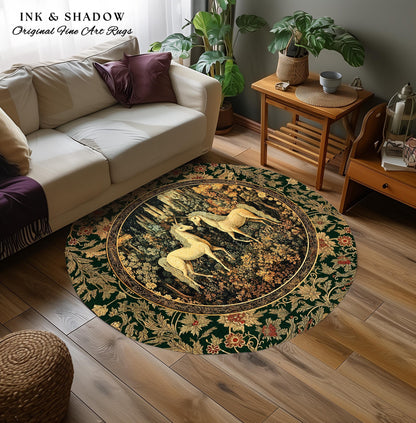 Royal Aesthetic Woven Unicorn Rug | Fairycore Rustic Area Rug Home Accent Gothic Whimsical Florals Storybook Bedroom Whimsical Ornate Gothic