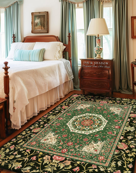 Jade Green Fairytale Gothic Area Rug | Baroque Motif Art Nouveau Flourish Antique-Inspired Decor Victorian Revival Maximalist Sage Green |