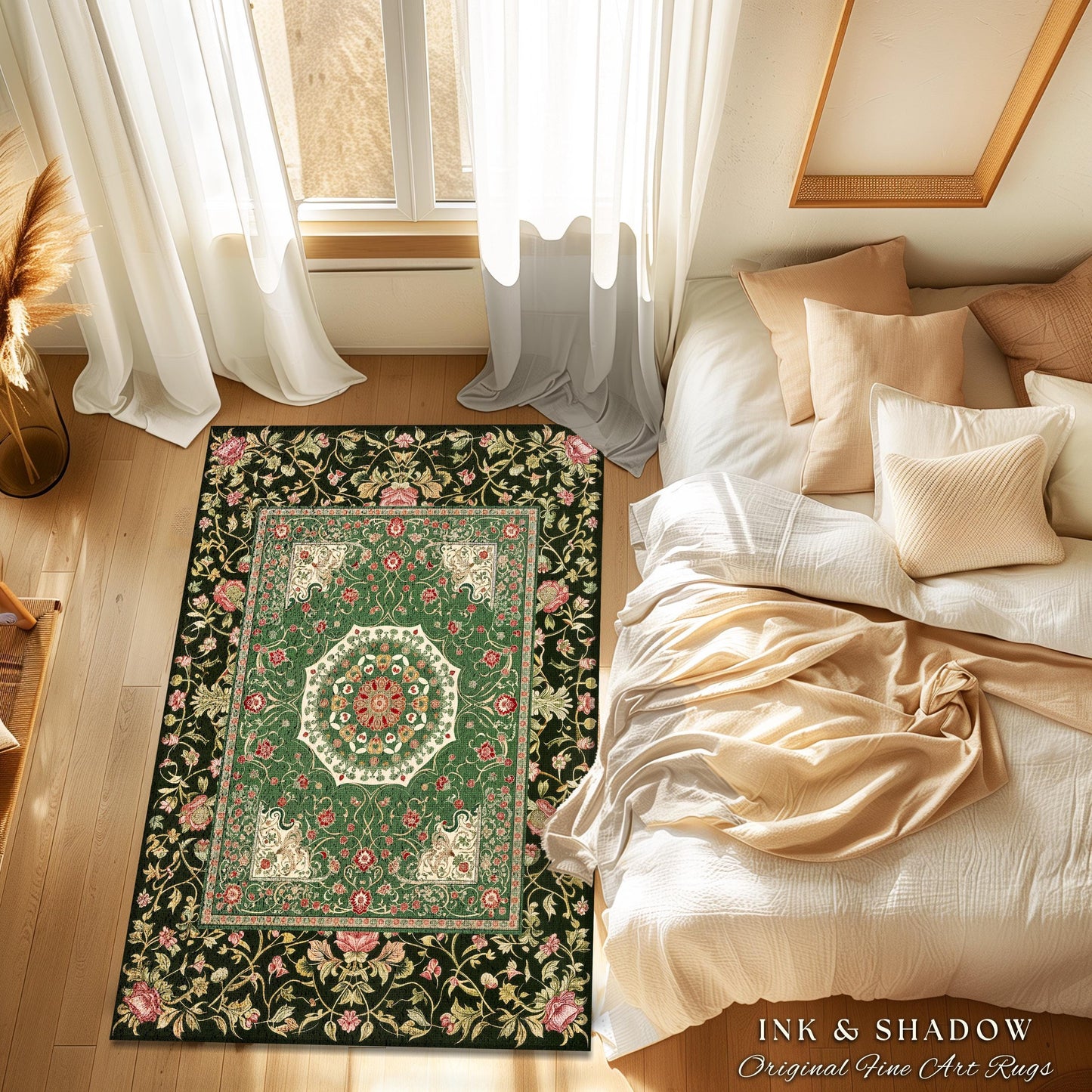 Jade Green Fairytale Gothic Area Rug | Baroque Motif Art Nouveau Flourish Antique-Inspired Decor Victorian Revival Maximalist Sage Green |