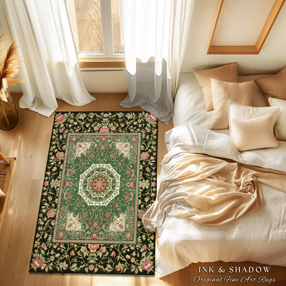 Jade Green Fairytale Gothic Area Rug | Baroque Motif Art Nouveau Flourish Antique-Inspired Decor Victorian Revival Maximalist Sage Green |