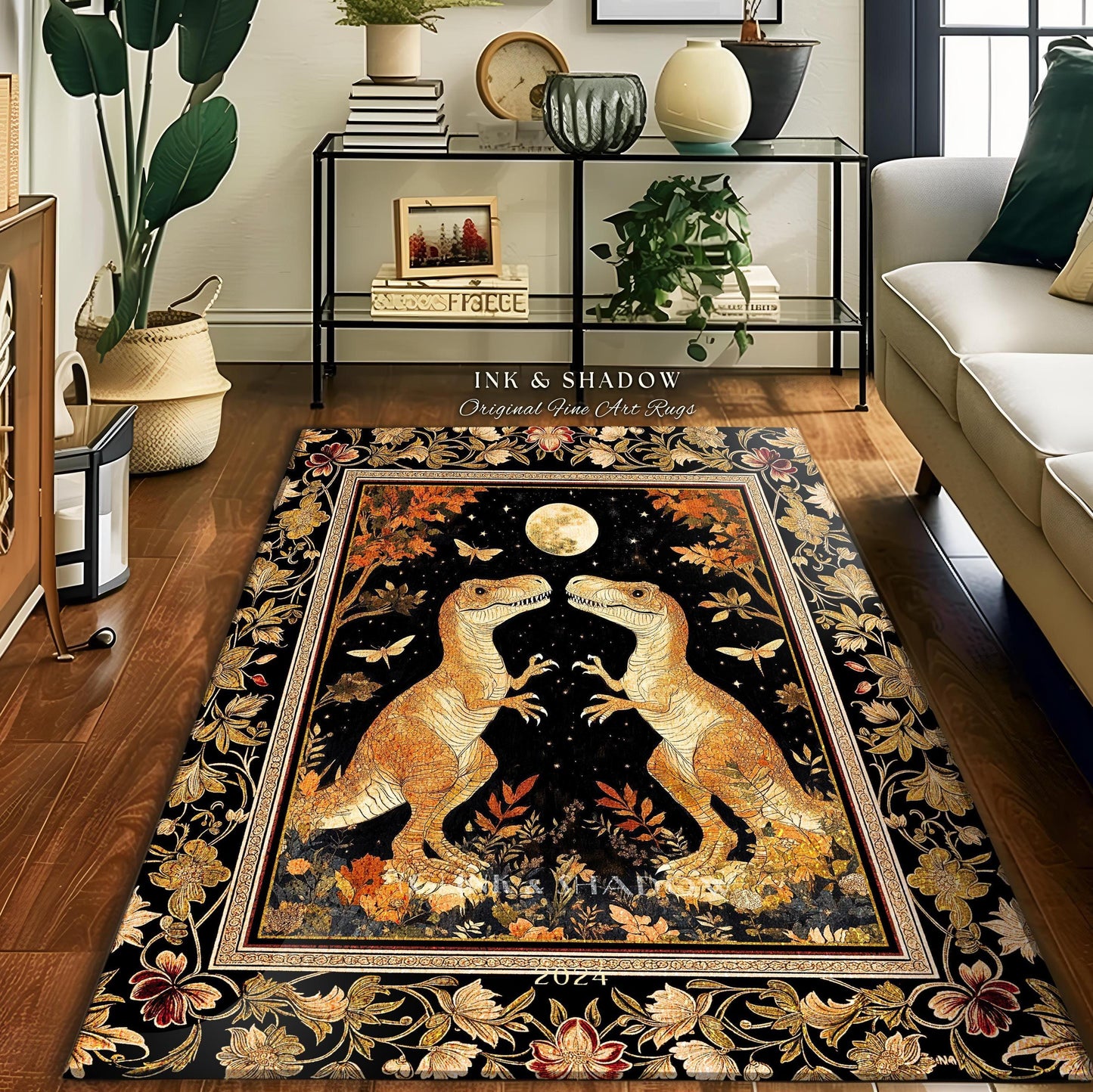 Regal Dinosaur Lovers Rug Antique Gold Baroque Botanical Moonlit Night Decor | Dark Academia Celestial T-Rex Art Ornate Whimsigothic Accent