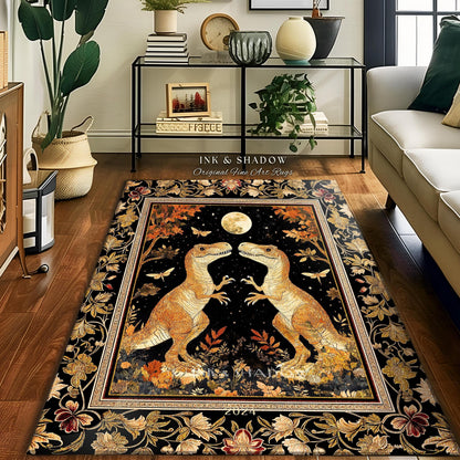 Regal Dinosaur Lovers Rug Antique Gold Baroque Botanical Moonlit Night Decor | Dark Academia Celestial T-Rex Art Ornate Whimsigothic Accent