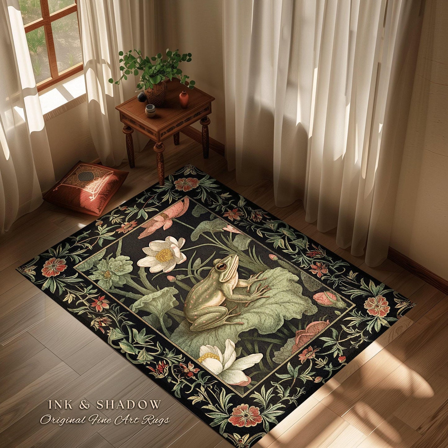 Goblincore Frog Rug | Eclectic Room Decor William Morris Inspired Forest Aesthetic Boho Grunge Fairycore Bedroom Rug Woodland Frog Art