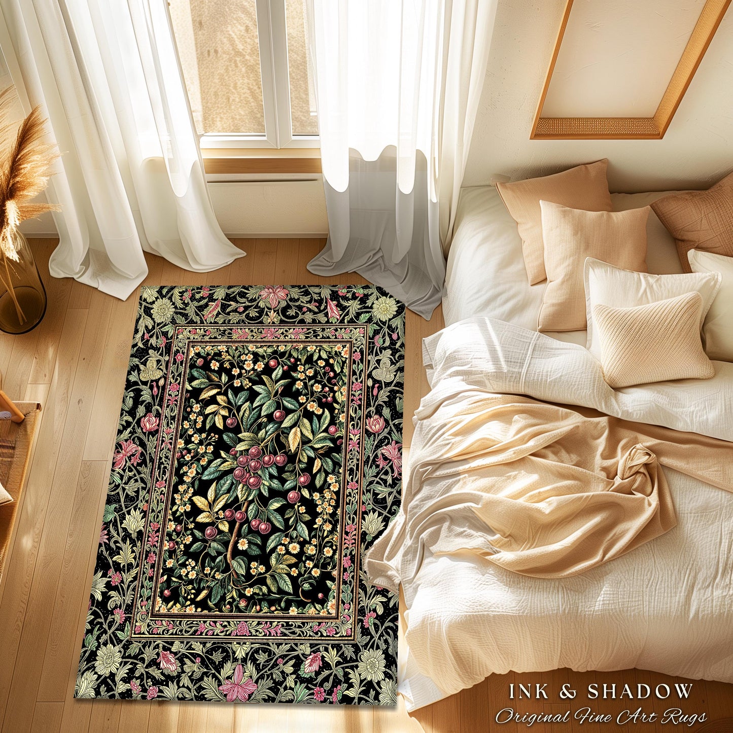Gothic Elegance Botanical Cherry Art Rug | Romantic Dark Cottagecore Floral Fruit Garden Decor Whimsical Victorian Style Floor Mat Accent