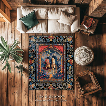 Rose Archway Horseback Skeletons Area Rug | Celestial Moonlit Gothic Romance Moonlight Baroque Floral Couple Regal Bedroom Accent Whimsical