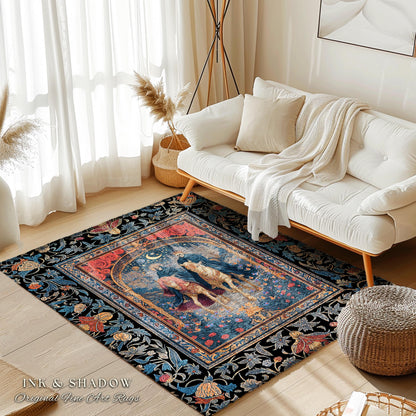 Rose Archway Horseback Skeletons Area Rug | Celestial Moonlit Gothic Romance Moonlight Baroque Floral Couple Regal Bedroom Accent Whimsical