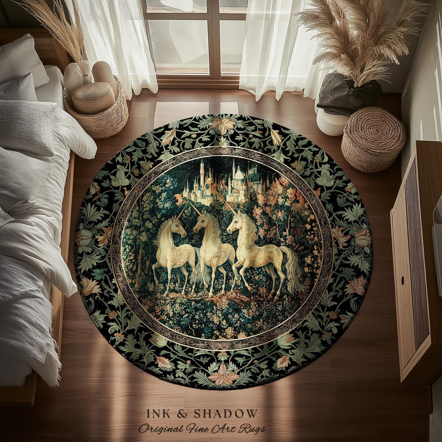 Mystic Academia Unicorn Area Rug | Dark Victorian Gothic Floral Landscape Magical Elegance Aesthetic Accent Rug Storybook Fairytale Artwork