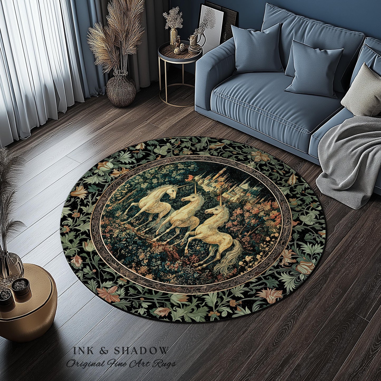 Mystic Academia Unicorn Area Rug | Dark Victorian Gothic Floral Landscape Magical Elegance Aesthetic Accent Rug Storybook Fairytale Artwork