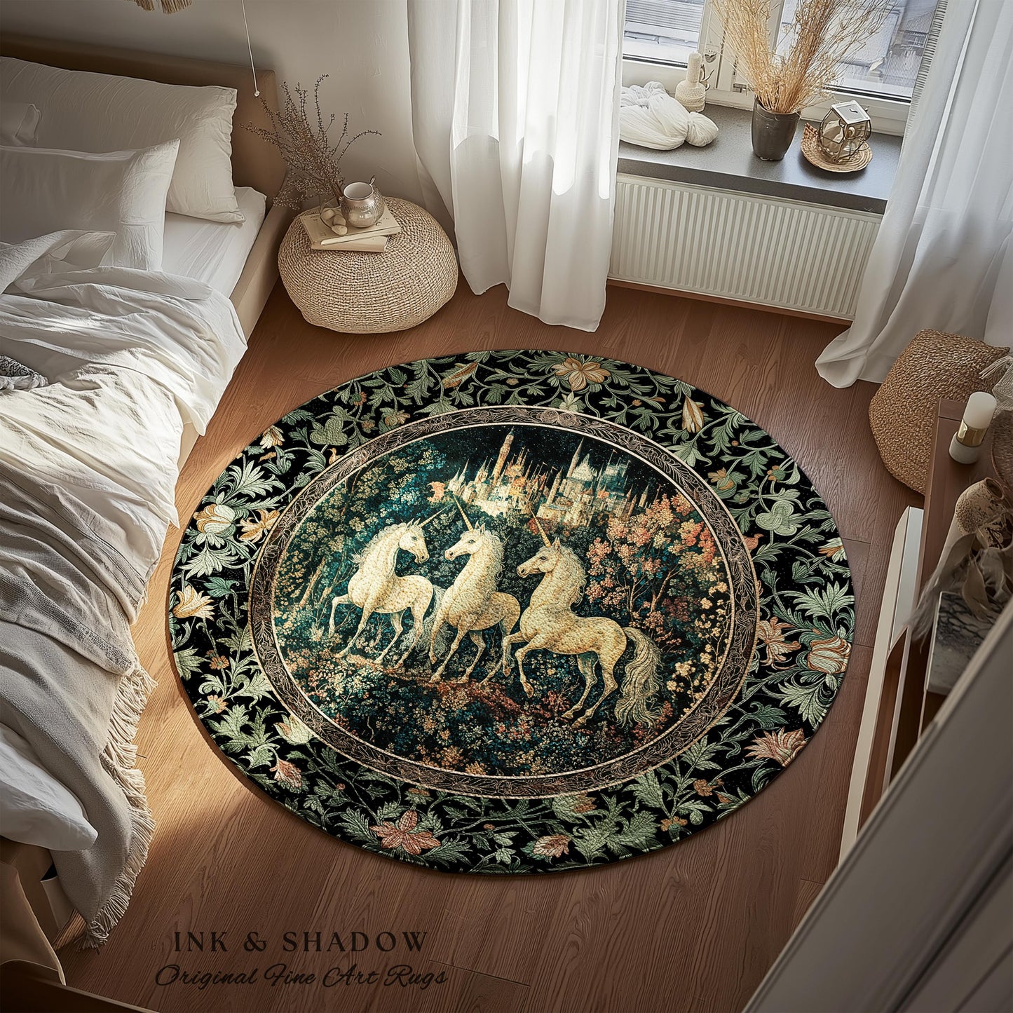 Mystic Academia Unicorn Area Rug | Dark Victorian Gothic Floral Landscape Magical Elegance Aesthetic Accent Rug Storybook Fairytale Artwork