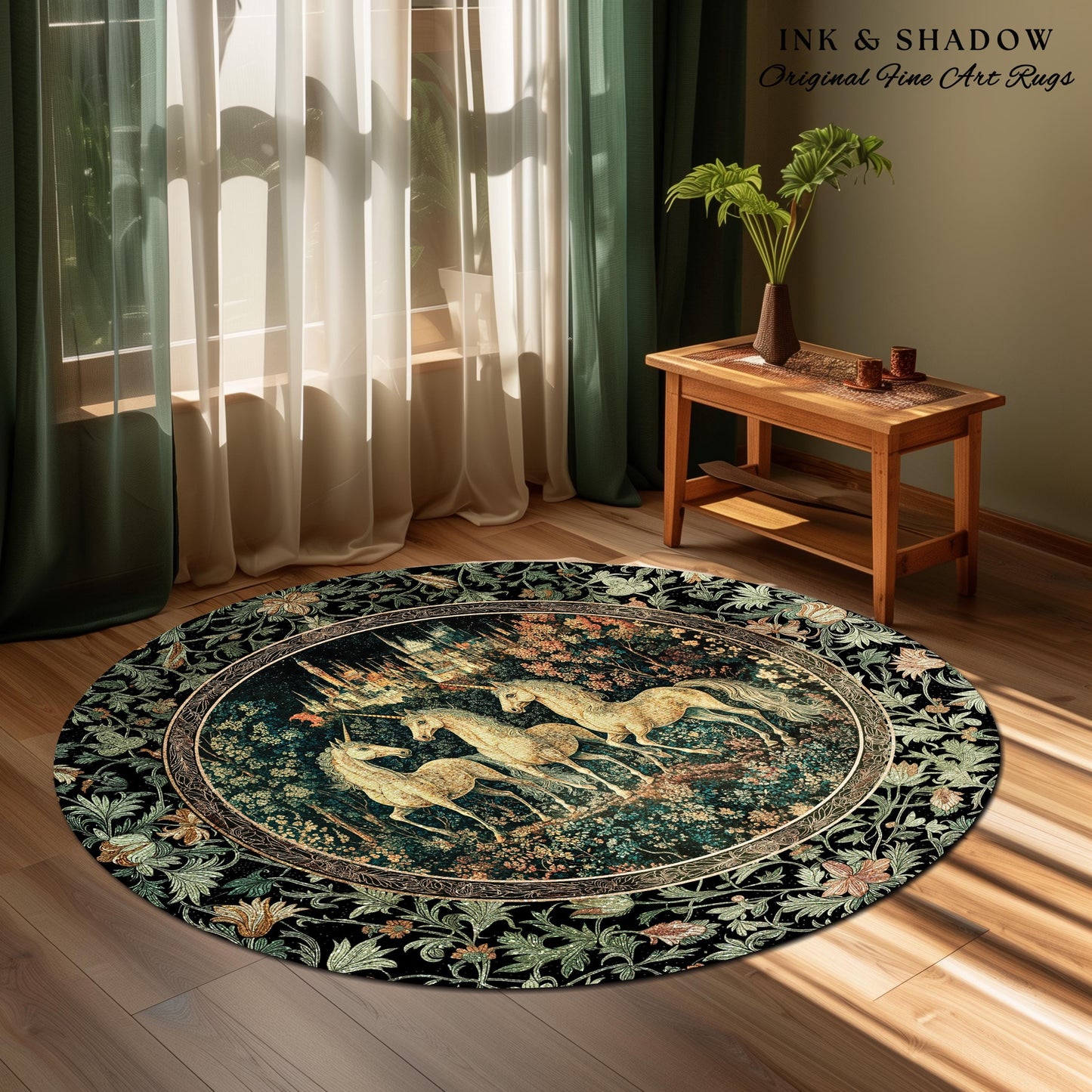 Mystic Academia Unicorn Area Rug | Dark Victorian Gothic Floral Landscape Magical Elegance Aesthetic Accent Rug Storybook Fairytale Artwork