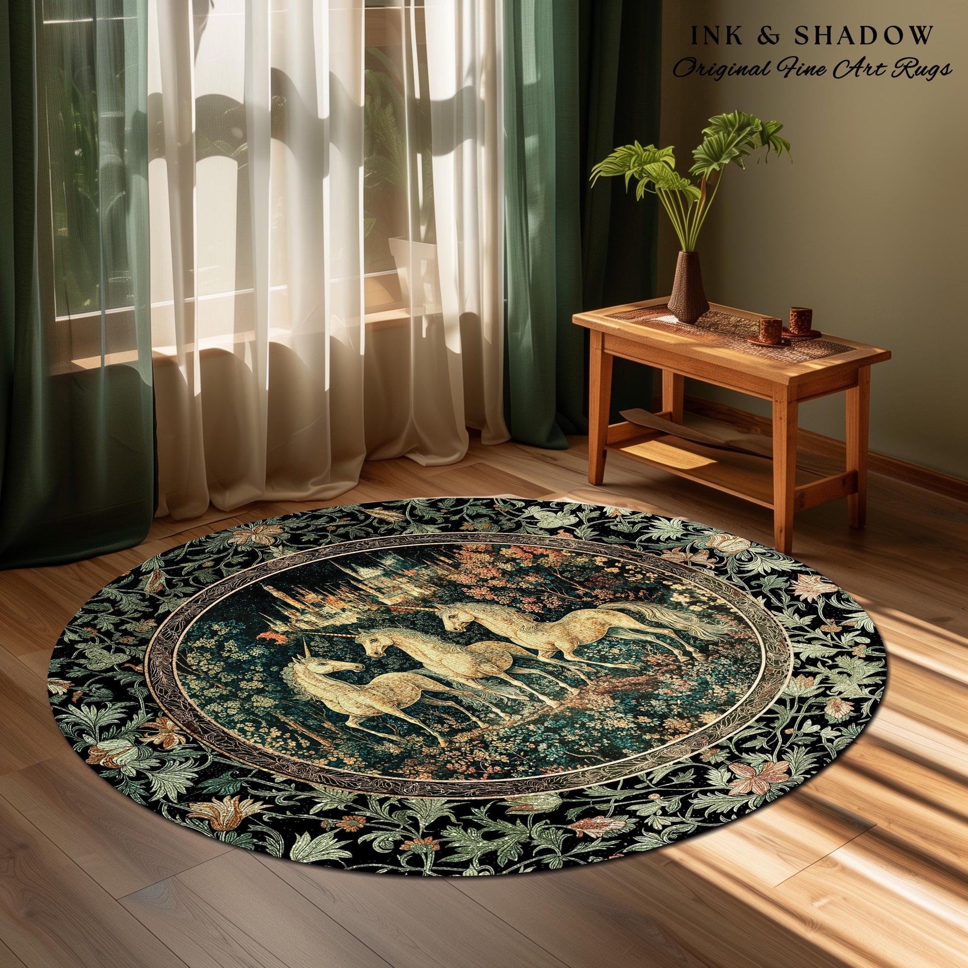 Mystic Academia Unicorn Area Rug | Dark Victorian Gothic Floral Landscape Magical Elegance Aesthetic Accent Rug Storybook Fairytale Artwork