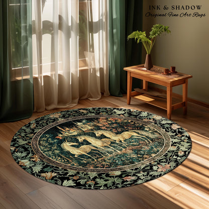 Mystic Academia Unicorn Area Rug | Dark Victorian Gothic Floral Landscape Magical Elegance Aesthetic Accent Rug Storybook Fairytale Artwork