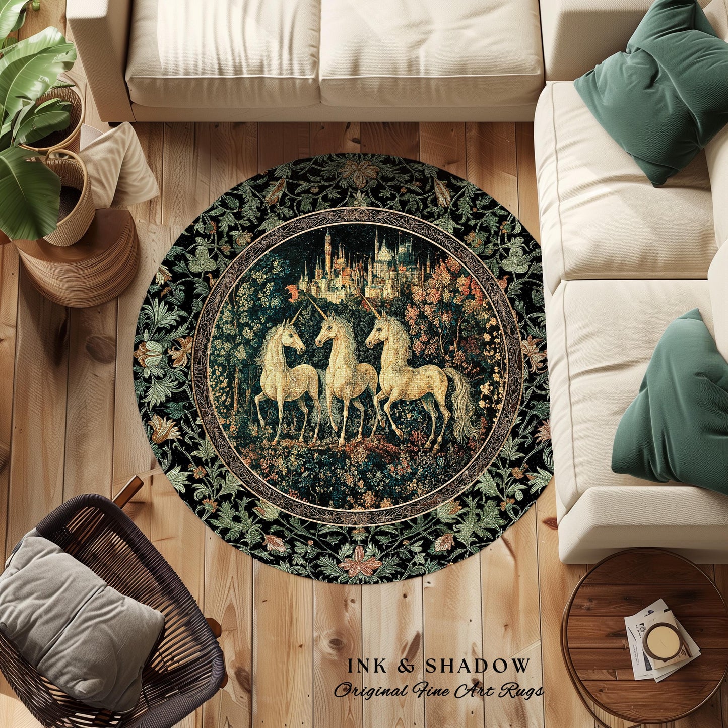 Mystic Academia Unicorn Area Rug | Dark Victorian Gothic Floral Landscape Magical Elegance Aesthetic Accent Rug Storybook Fairytale Artwork