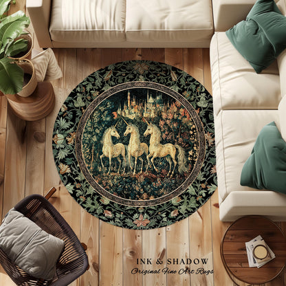 Mystic Academia Unicorn Area Rug | Dark Victorian Gothic Floral Landscape Magical Elegance Aesthetic Accent Rug Storybook Fairytale Artwork